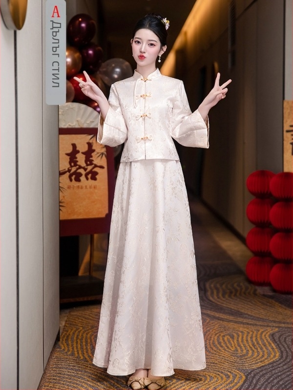 Шаферска двучастна рокля в китайски стил, дълги ръкави, средна талия, лято 2025, ретро и свеж стил, полиестер с акценти от козина