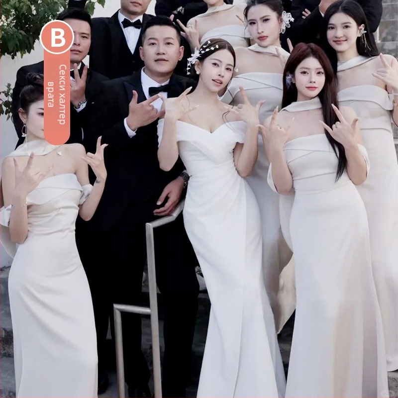 Рокля за шаферки - еднорамен халтер, талия акцентиращ силует, дълга сатенена рокля, пролет 2025