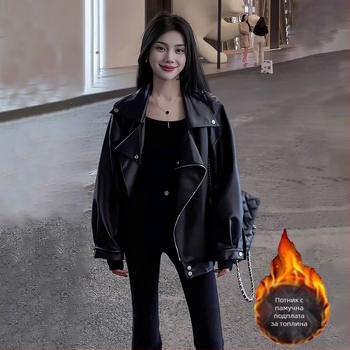 Дамско PU имитационна кожа яке, V-образно деколте, цип, дълги ръкави, свободна кройка