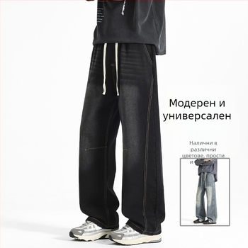 Дънкови мъжки дънки с прав крак, средна талия, памук, лека еластичност, младежки стил