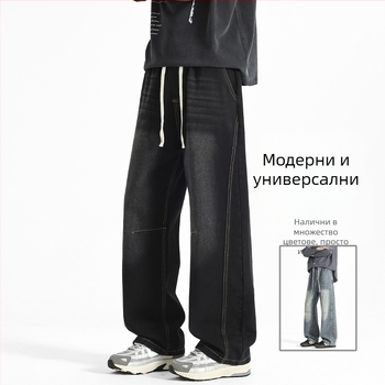 Мъжки дънкови панталони с прав крак, средна талия, памучна материя, лека еластичност, младежки енергичен стил.