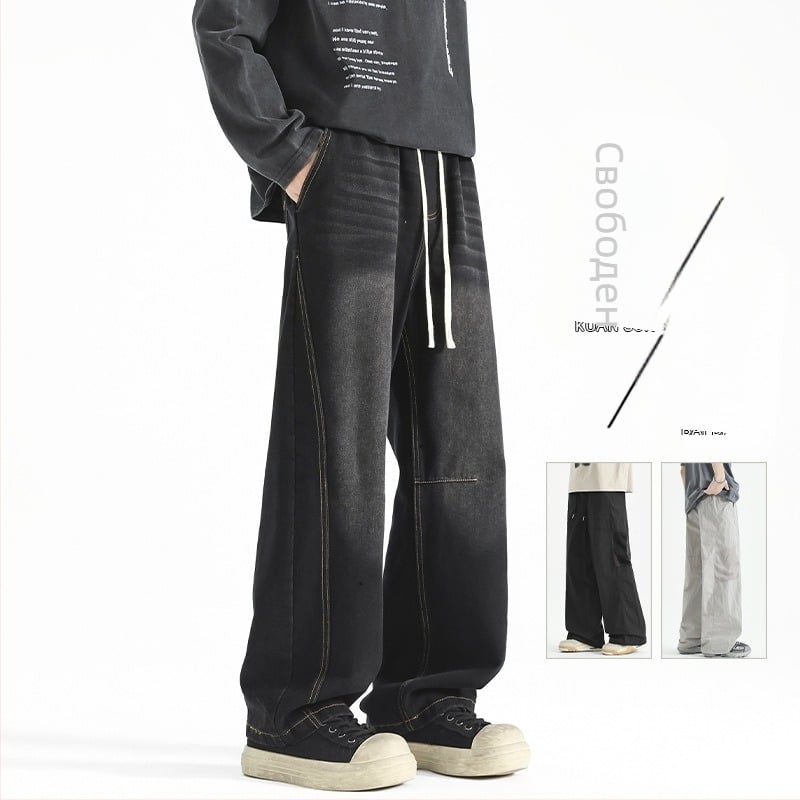 Мъжки дънкови панталони с прав крак, средна талия, памучна материя, лека еластичност, младежки енергичен стил.