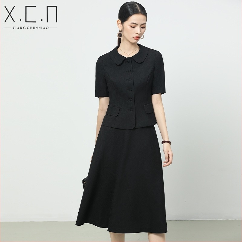 Женски професионален офис костюм със пола, пролет 2024, полиестер, средна дължина пола, ръкав 3/4, етикет на яка, Auspicious Spring Bird