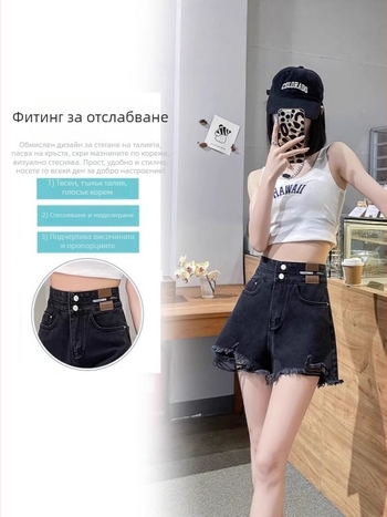 Дънкови къси панталони за жени, висока талия, права кройка, дължина 3/4, 50–70% памук, градски стил