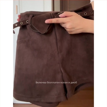 Дамски къси панталони от велур, висока талия, дължина три четвърти, широк силует, зимна колекция 2025