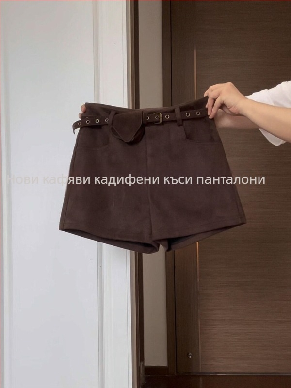 Дамски къси панталони от велур, висока талия, дължина три четвърти, широк силует, зимна колекция 2025