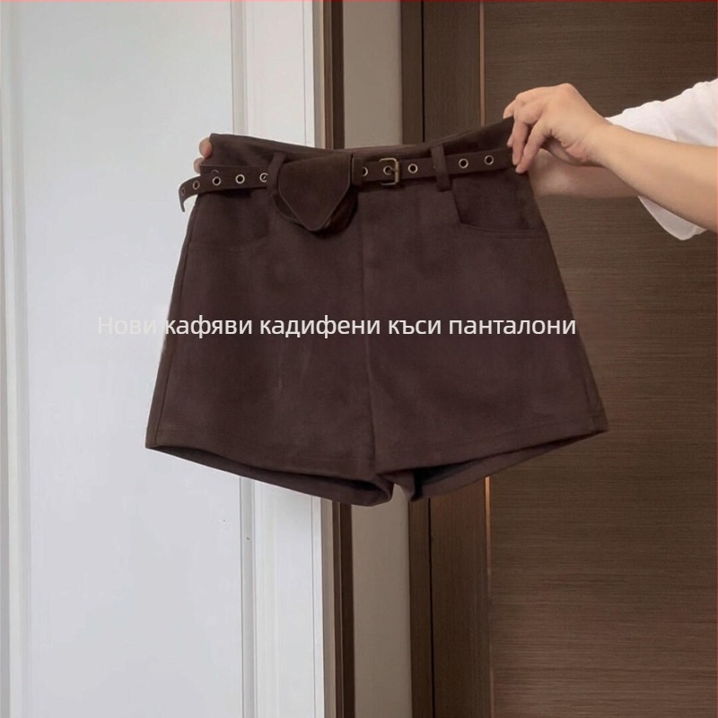 Дамски къси панталони от велур, висока талия, дължина три четвърти, широк силует, зимна колекция 2025