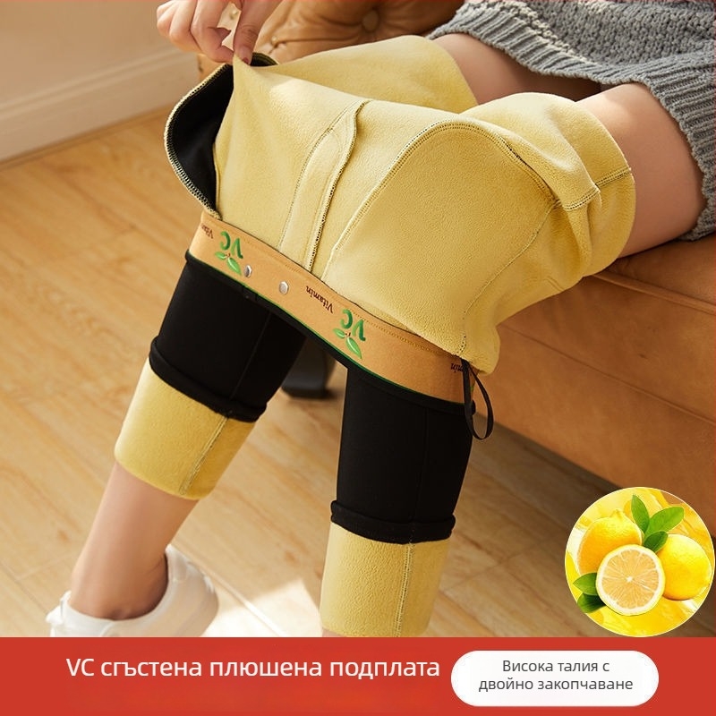 Женски лимонови хидратиращи леггинси с флисов вътрешен слой и висока талия; Материя: Chenille; Основни материали: спандекс + друга; Съдържание: 90–95%; Дебелина: средна; Топлят