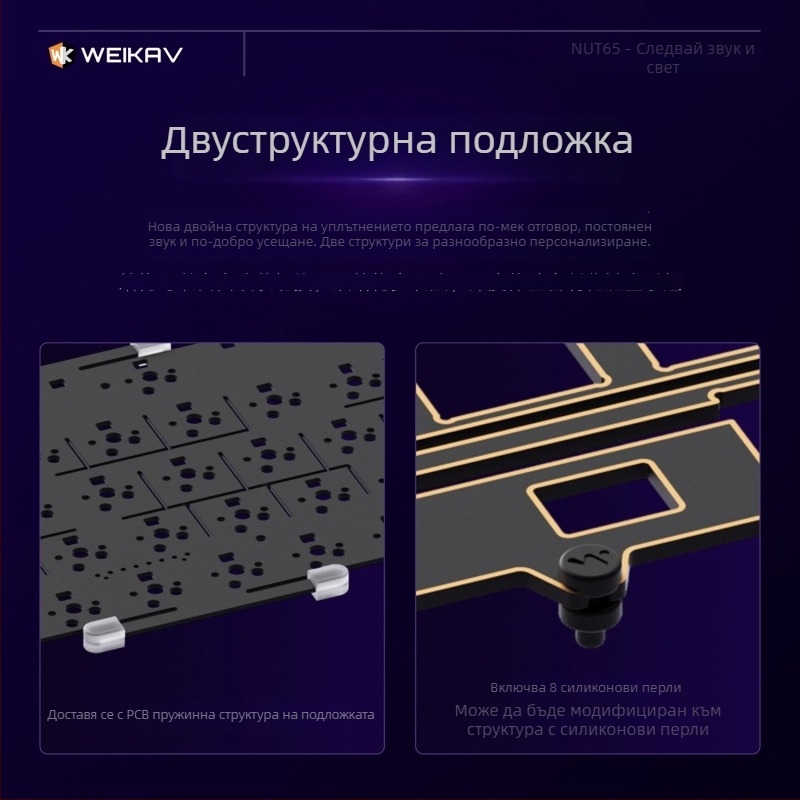 Weikav Nut65 Три режима алуминиев механичен клавиатура gasket структура комплект | До 87 клавиша, алуминиева сплав, RGB подсветка, Жична, кабел 1,5 м
