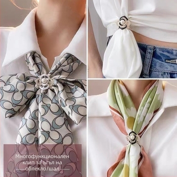 Буто за шал - меден, цветеобразна форма, цирконий вграден, електроплатиран стил Япония-Корея