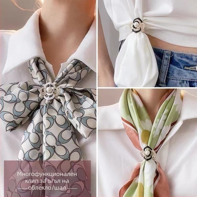 Буто за шал - меден, цветеобразна форма, цирконий вграден, електроплатиран стил Япония-Корея