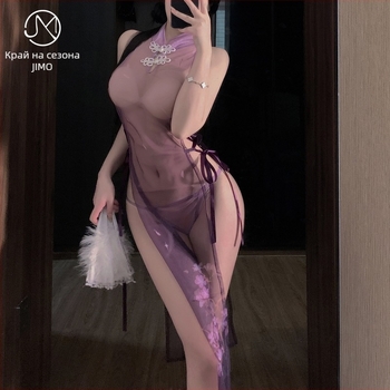 Cheongsam lingerie със прозрачен мрежест дизайн, цепка и презрамки; полиестер 70–80%