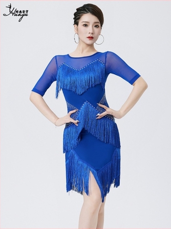 Fashion Huayu латински танц рокля за жени – рокля за изпълнение с ресни, Milk Silk + мрежа, полиестер, лято 2025