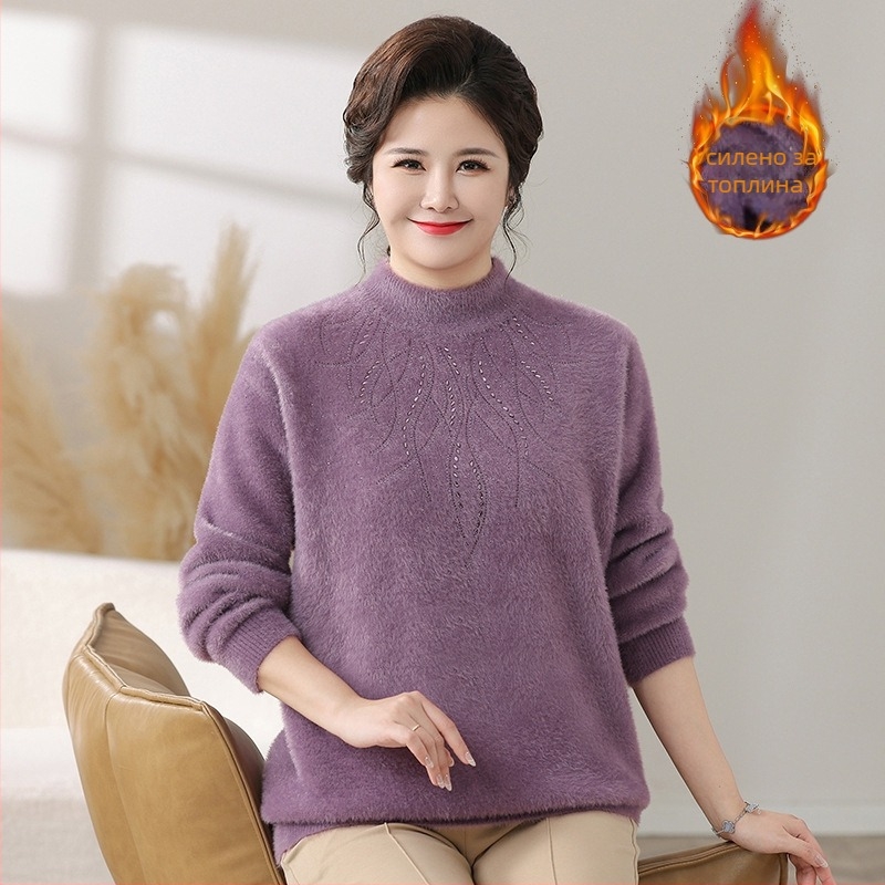 Пуловер за дами със свободна кройка, полувисока яка, принт с растения и цветя, полиестер и спандекс