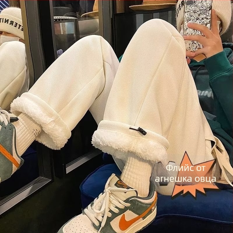 Мъжки зимни спортни панталони с вафелна плетка и шерпа подплата, свободна кройка, висока талия, дебел широк крак