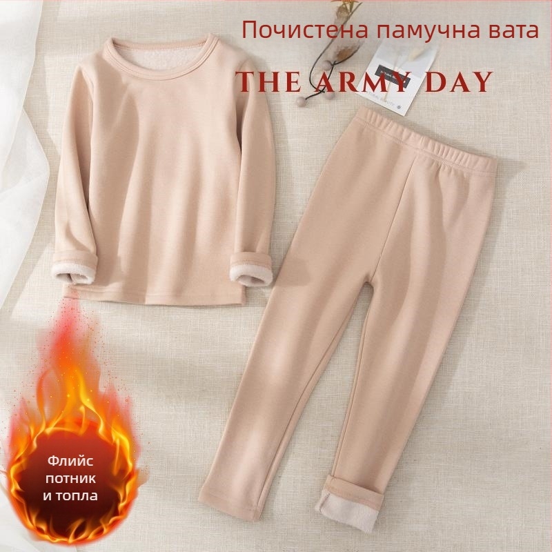 Детски термален комплект бельо – памук, двойно слоен, удебелен, висока талия, умерено затопляне