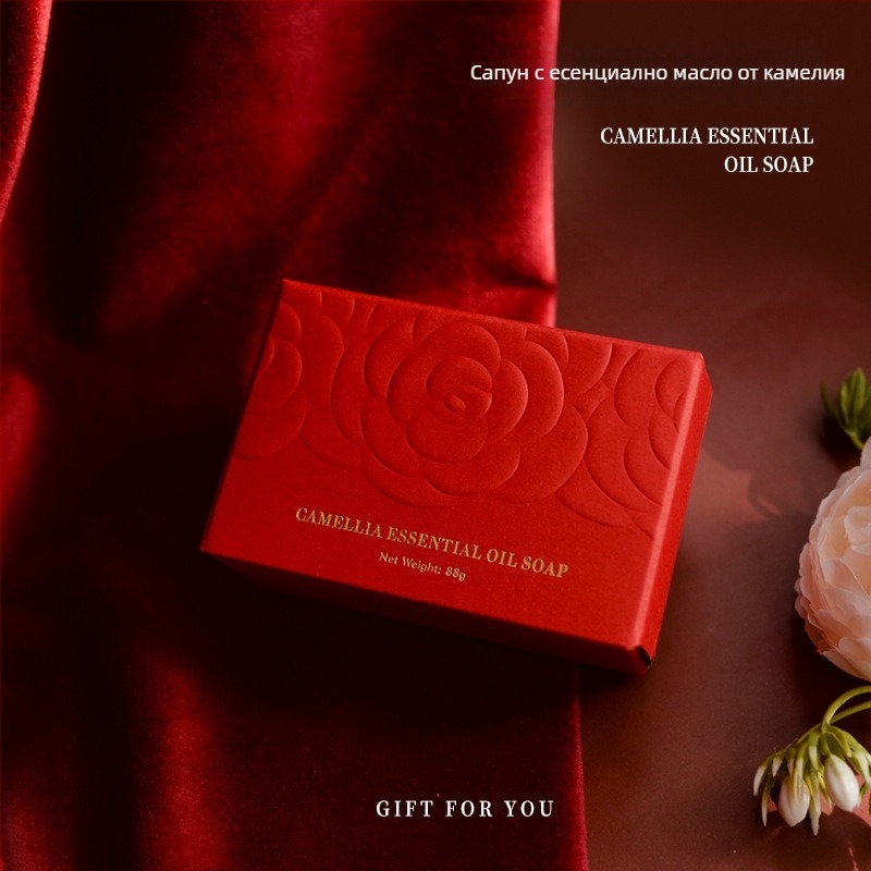 Камелиев сапун за подарък, опакован в кутия; частна марка възможна; подходящ за сватбени подаръци