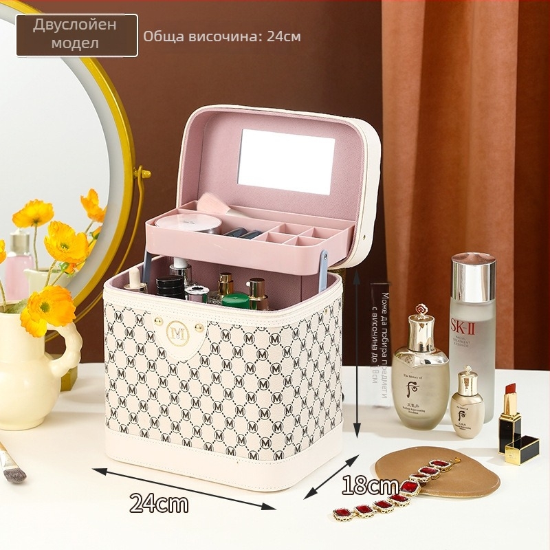 Козметичен несесер с голям капацитет, PU кожа, подплата от найлон, стил кутия, за жени