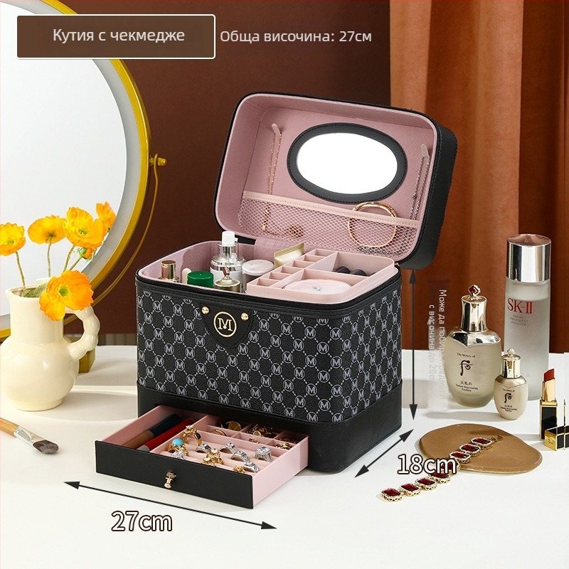 Козметичен несесер с голям капацитет, PU кожа, подплата от найлон, стил кутия, за жени