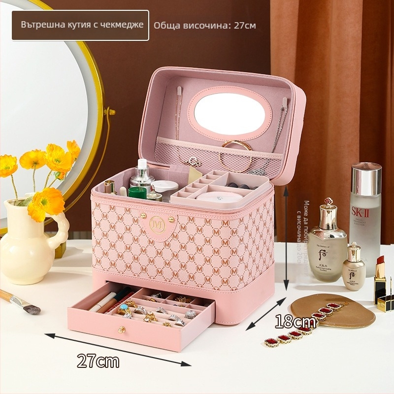 Козметичен несесер с голям капацитет, PU кожа, подплата от найлон, стил кутия, за жени