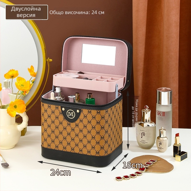 Козметична кутия от PU кожа – преносим органайзер за грим, грижа за кожата и бижута, стил куфар, едноцветна, вътрешна подплата от nylon