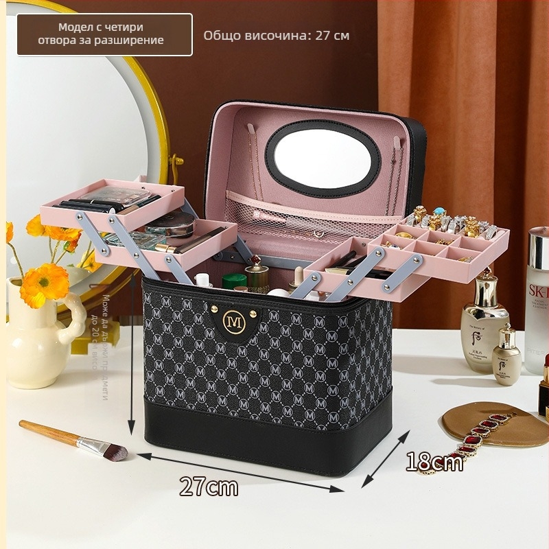 Козметична кутия от PU кожа – преносим органайзер за грим, грижа за кожата и бижута, стил куфар, едноцветна, вътрешна подплата от nylon