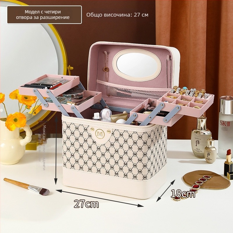 Козметична кутия от PU кожа – преносим органайзер за грим, грижа за кожата и бижута, стил куфар, едноцветна, вътрешна подплата от nylon