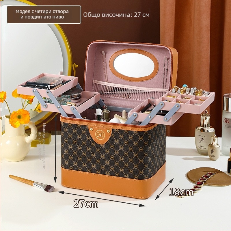 Козметична кутия от PU кожа – преносим органайзер за грим, грижа за кожата и бижута, стил куфар, едноцветна, вътрешна подплата от nylon