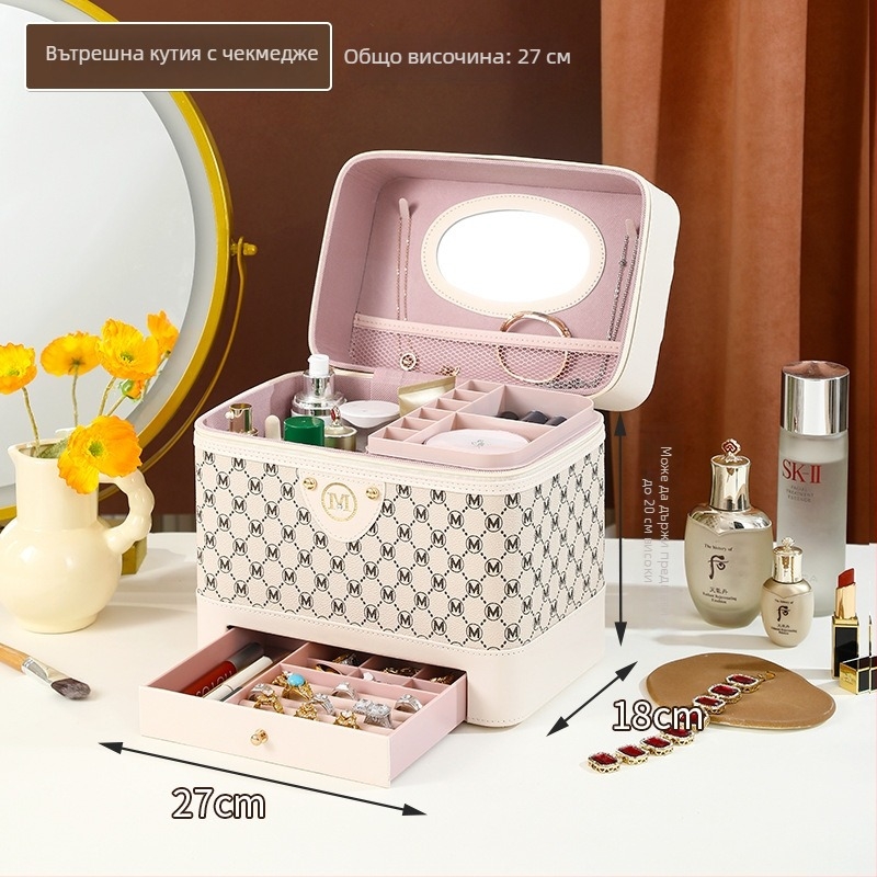 Козметична кутия от PU кожа – преносим органайзер за грим, грижа за кожата и бижута, стил куфар, едноцветна, вътрешна подплата от nylon