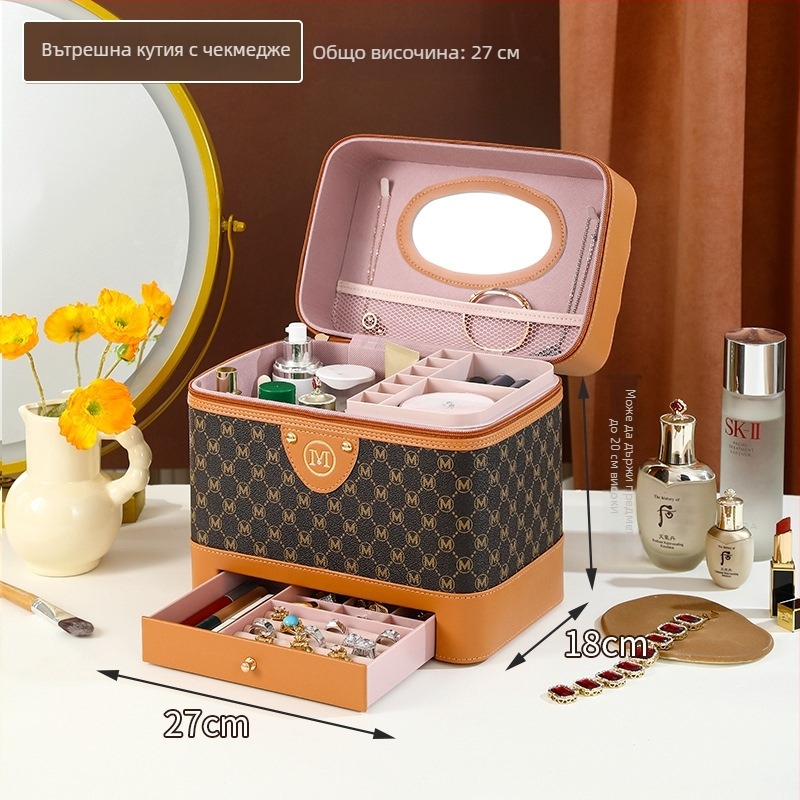 Козметична кутия от PU кожа – преносим органайзер за грим, грижа за кожата и бижута, стил куфар, едноцветна, вътрешна подплата от nylon