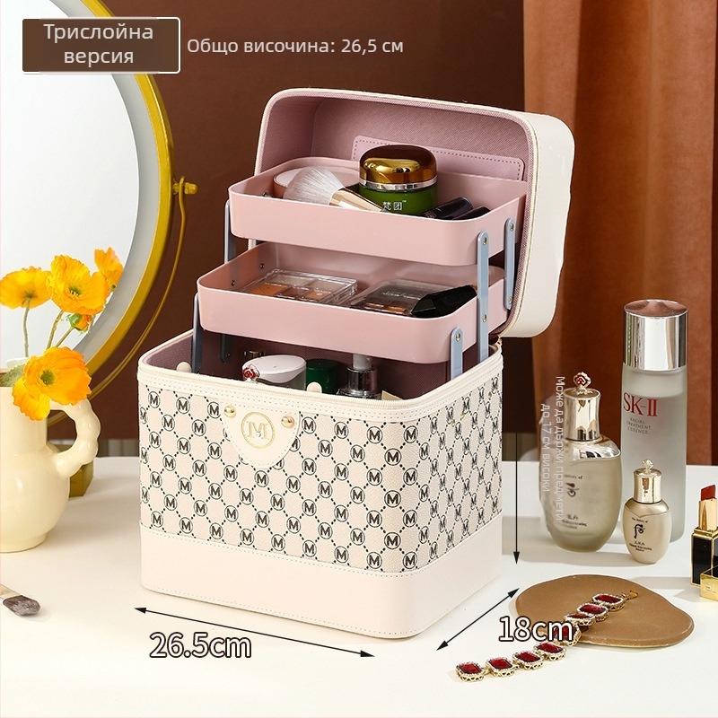 Козметична кутия от PU кожа – преносим органайзер за грим, грижа за кожата и бижута, стил куфар, едноцветна, вътрешна подплата от nylon