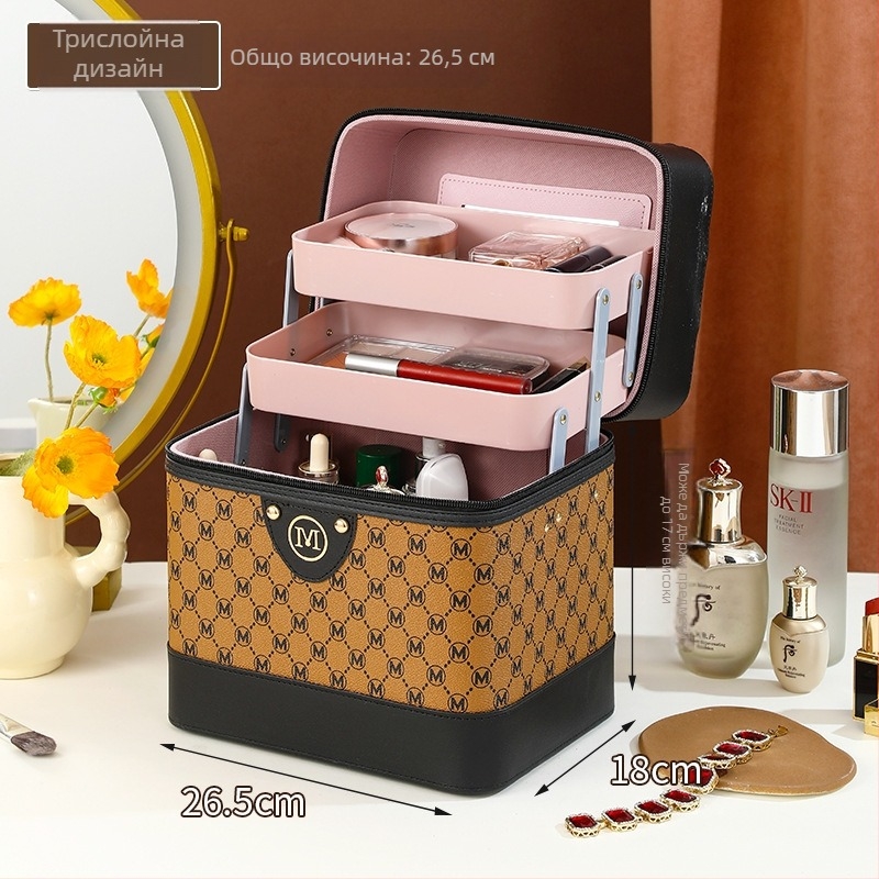 Козметична кутия от PU кожа – преносим органайзер за грим, грижа за кожата и бижута, стил куфар, едноцветна, вътрешна подплата от nylon