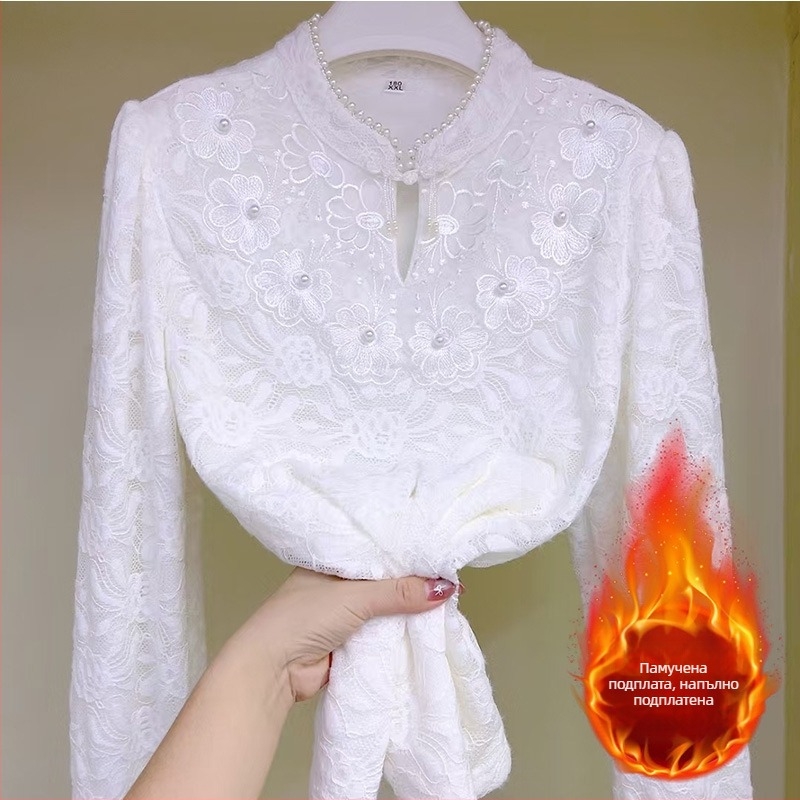 Худи пуловер от найлон с флисово подплатяване, перлена яка и панделка, дълги ръкави, елегантен градски стил