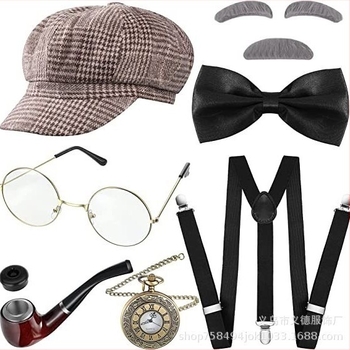 Комплект реквизити за грим за костюм: берет, очила, фалшиви вежди, брада, джобен часовник и презрамки – плат, шиене, без персонализация