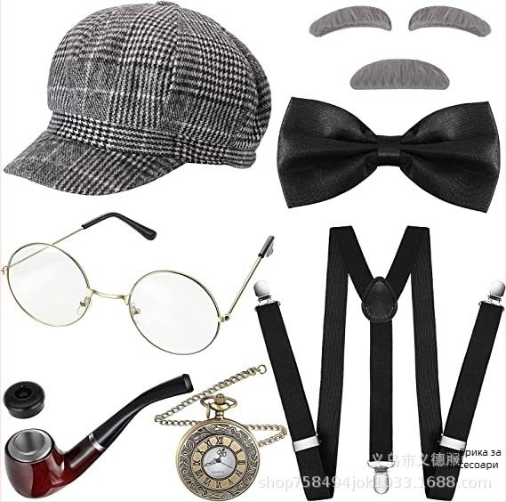 Комплект реквизити за грим за костюм: берет, очила, фалшиви вежди, брада, джобен часовник и презрамки – плат, шиене, без персонализация
