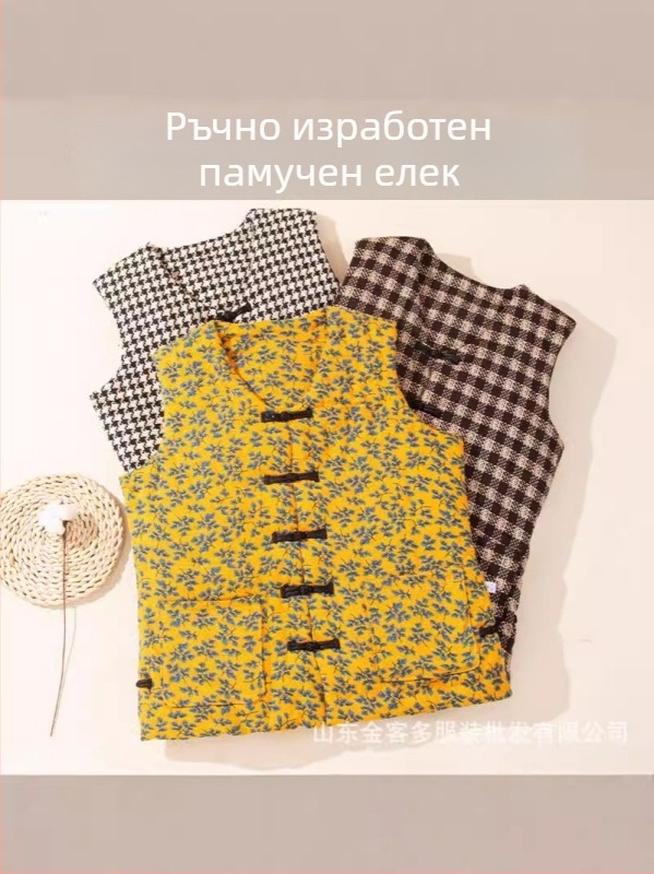 Женска памучна жилетка с Lycra, пълнеж от памук, основна материя памук, V-образно деколте, каре шарка