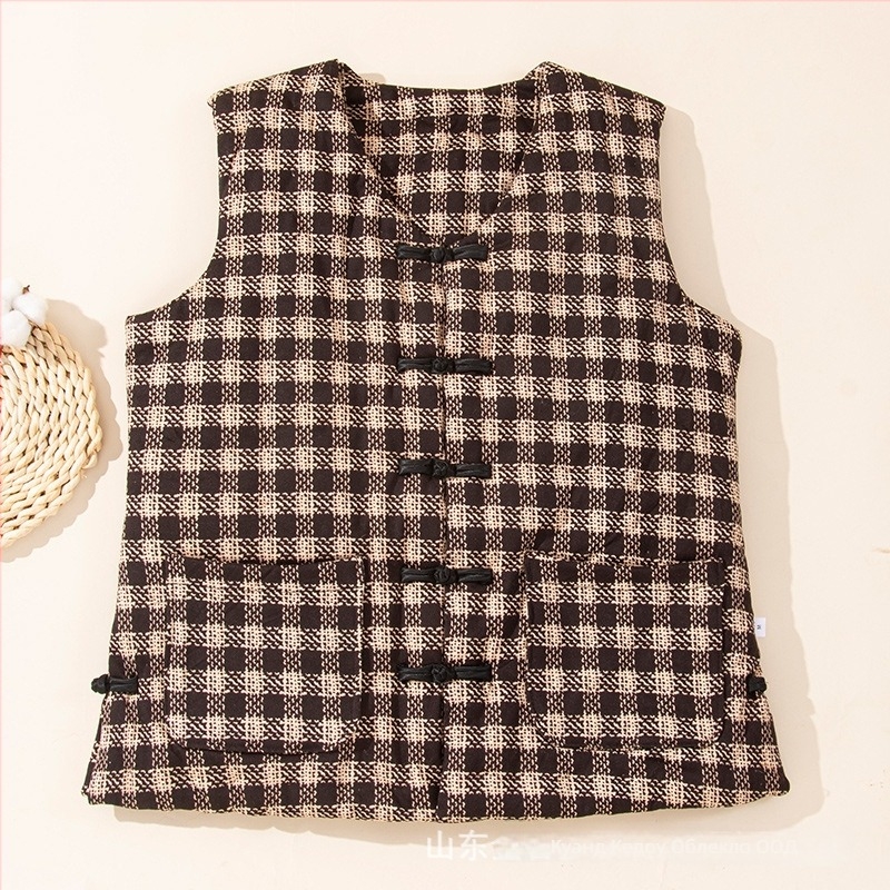 Женска памучна жилетка с Lycra, пълнеж от памук, основна материя памук, V-образно деколте, каре шарка