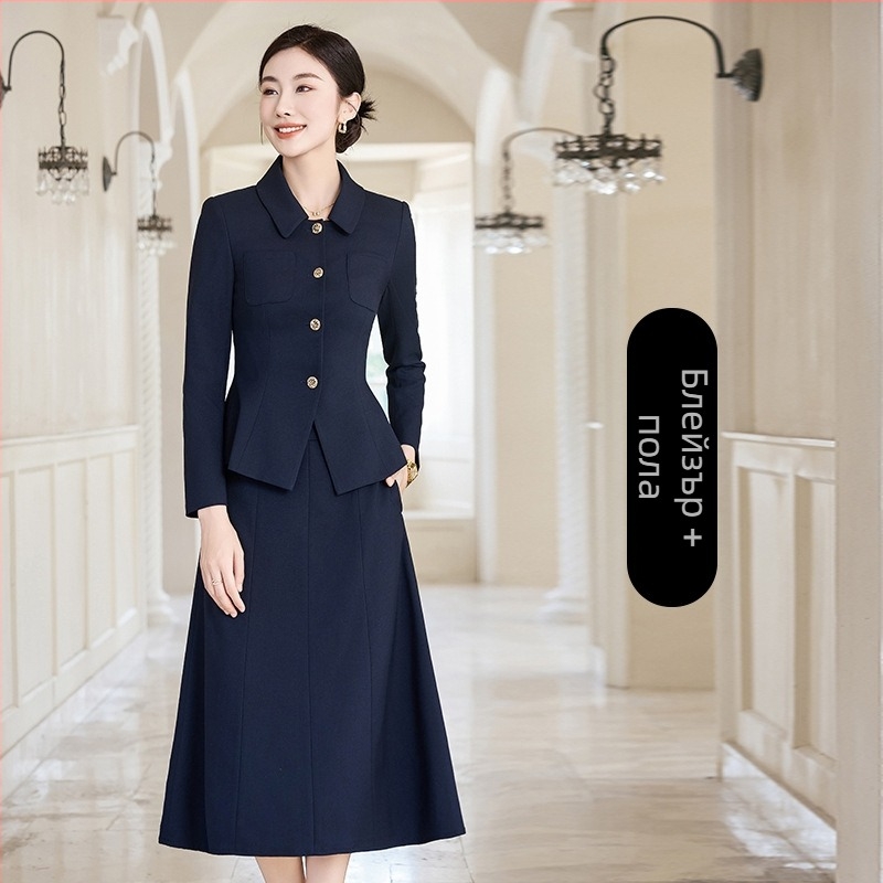 Дамски професионален двупартиен костюм за интервю за учители – стройна рокля и сако, полиестерно-памучна смес, дълга пола, дълги ръкави