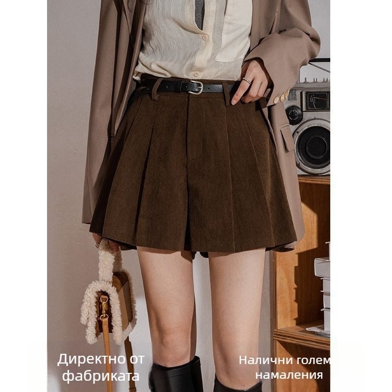 Corduroy плисирани широки къси панталони, три четвърти дължина, талия средна височина, ежедневен стил