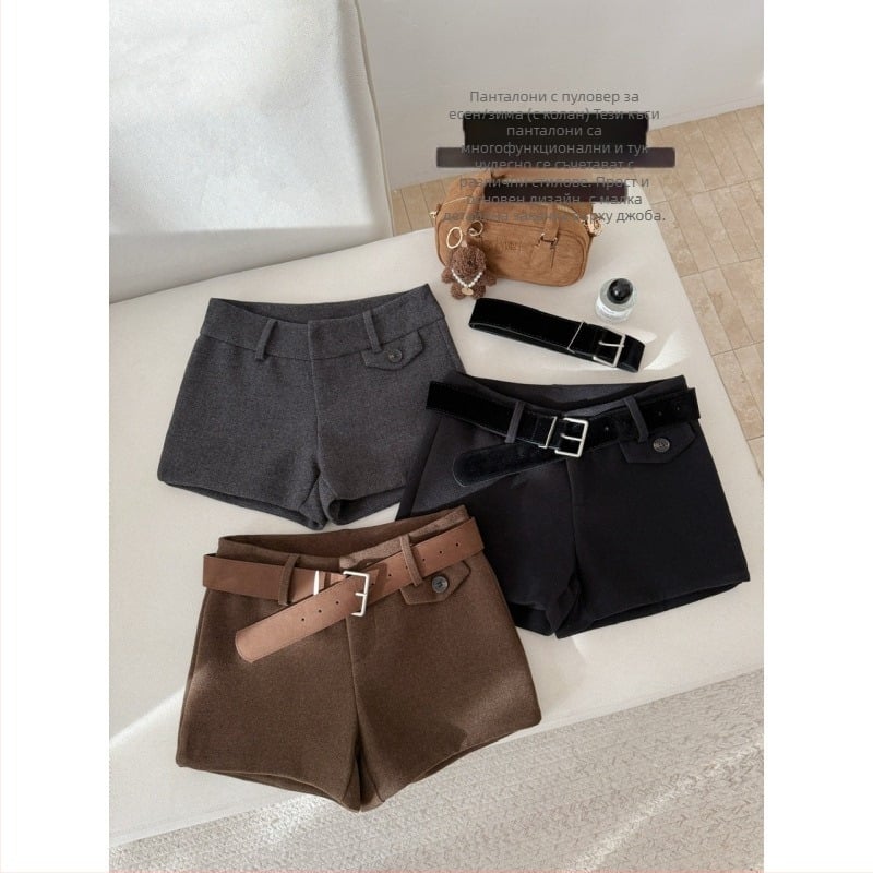 Дамски шорти от вълнено-полиестерова смес, три четвърти дължина, нисък талия, дебела зимна материя, корейско-японски свободен стил