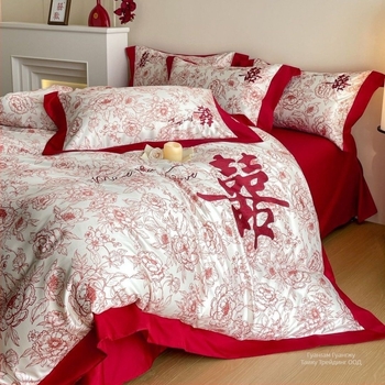 Спален комплект от четири части, стил Китайска сватба, райе модел, полиестер, реактивно печатане и боядисване, премиум клас
