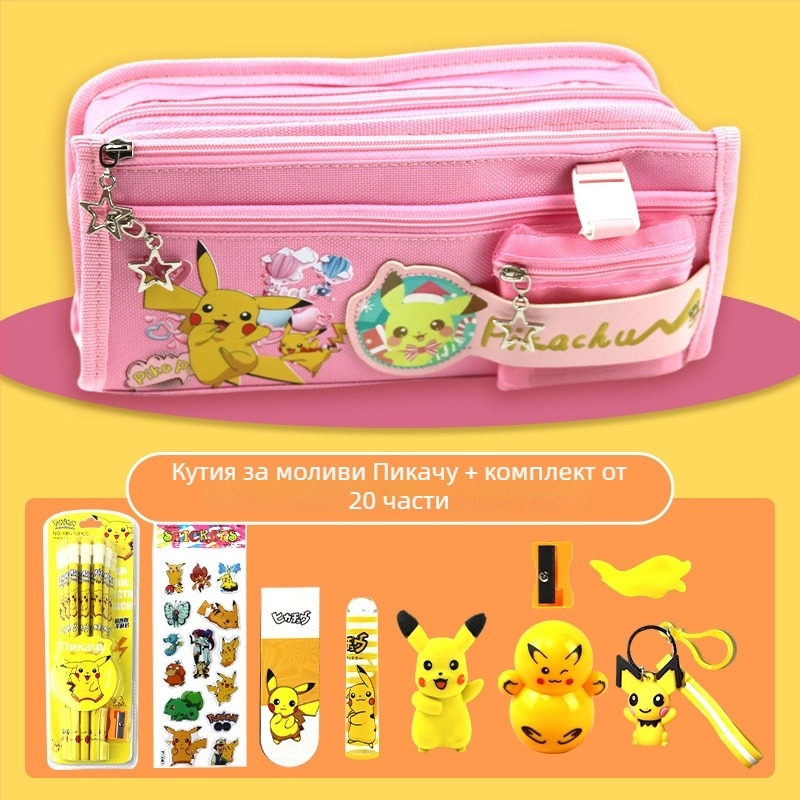 Пикачу калъф за моливи с голям капацитет – ученическа канцелария, платно, марка Anime, корейски стил