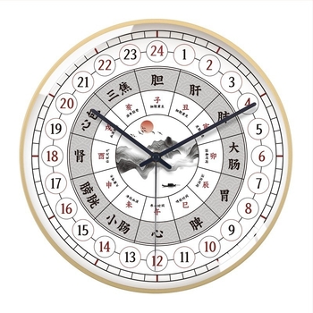 Стенно часовник, Нов китайски стил за здраве, 24-часов дисплей за традиционна китайска медицина и салон за красота, кварцов механизъм, батерийно захранване, кръгла метална кутия, минерално подсилено стъкло