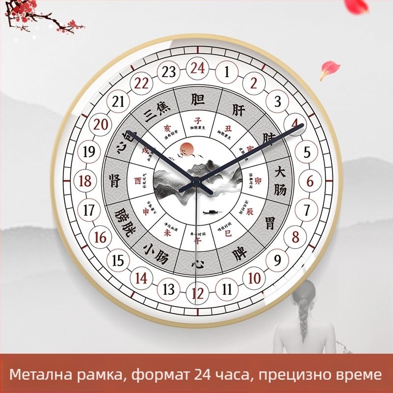 Стенно часовник, Нов китайски стил за здраве, 24-часов дисплей за традиционна китайска медицина и салон за красота, кварцов механизъм, батерийно захранване, кръгла метална кутия, минерално подсилено стъкло