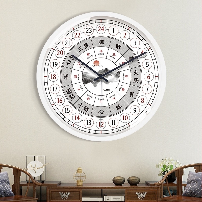 Стенно часовник, Нов китайски стил за здраве, 24-часов дисплей за традиционна китайска медицина и салон за красота, кварцов механизъм, батерийно захранване, кръгла метална кутия, минерално подсилено стъкло