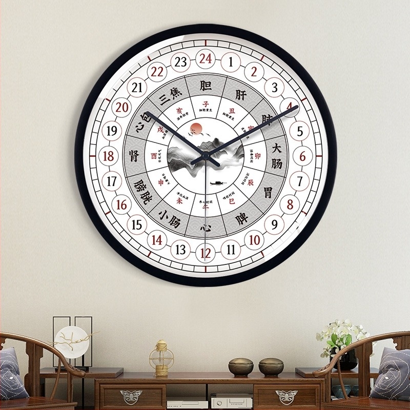 Стенно часовник, Нов китайски стил за здраве, 24-часов дисплей за традиционна китайска медицина и салон за красота, кварцов механизъм, батерийно захранване, кръгла метална кутия, минерално подсилено стъкло
