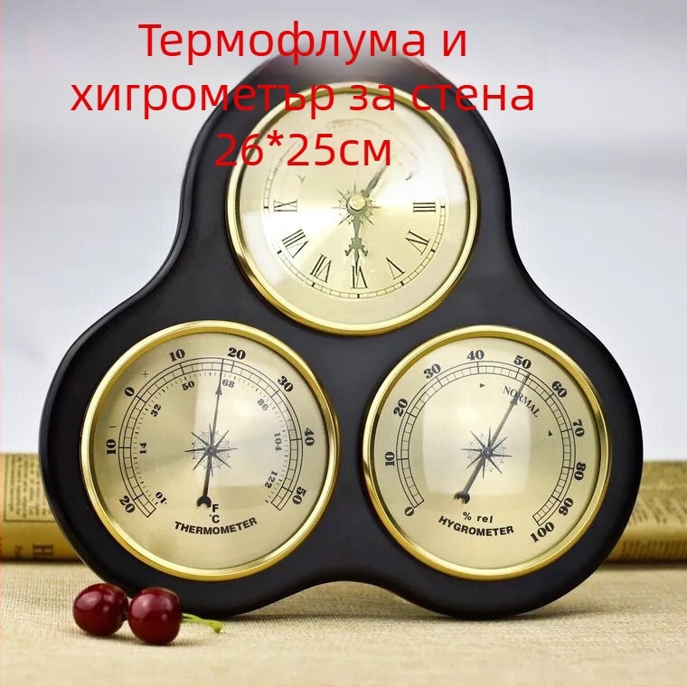 Стенно часовник с метеорологична станция, термометър, хигромер, барометър, прогноза за времето, прозрачно стъкло