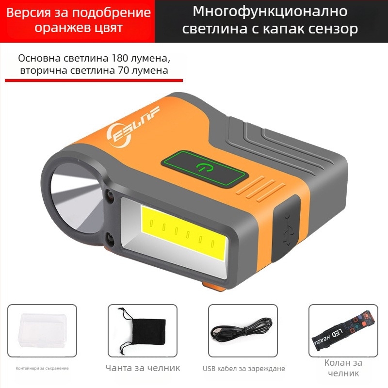 Челна лампа за шапка с клип, COB LED светлина, водоустойчива, лъч 50 м, работа 2–8 ч, зареждаема