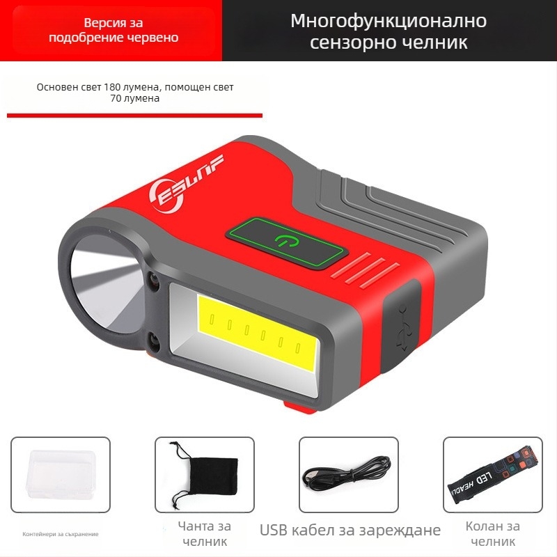 Челна лампа за шапка с клип, COB LED светлина, водоустойчива, лъч 50 м, работа 2–8 ч, зареждаема