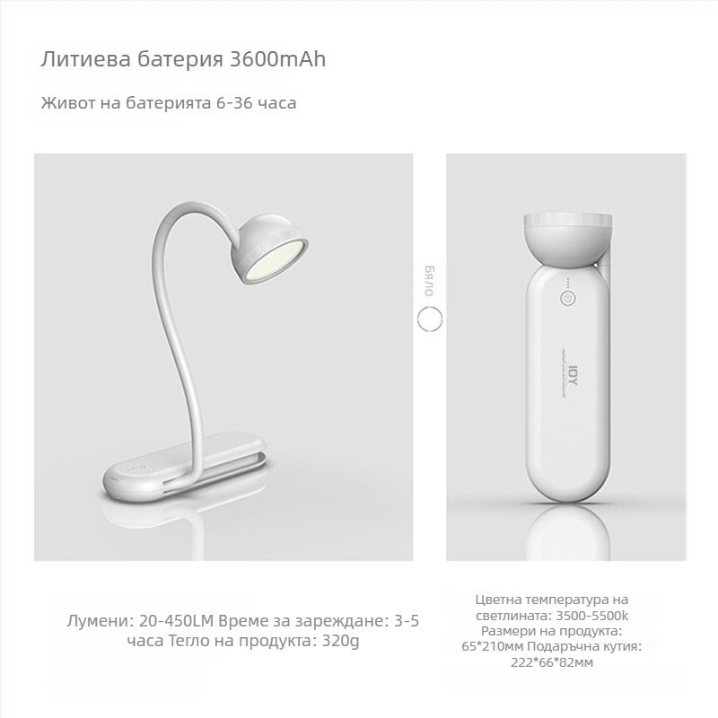 Настолна лампа за защита на очите със двоен светлинен източник, преносима, с вградена литиева батерия, ABS абажур, за учене и четене.